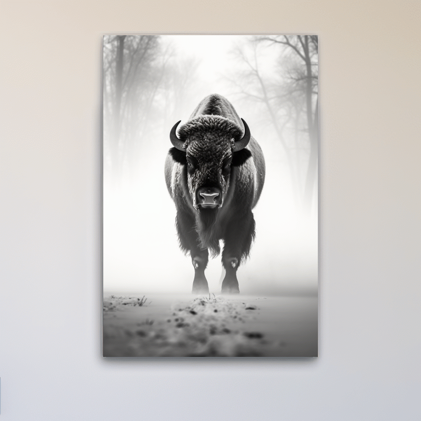 Black and white photo of a bison walking on snow