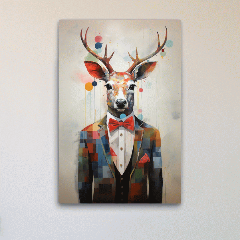 Dapper Watercolor Deer Tuxedo Portrait - Colorful Modern Wildlife Wall Art