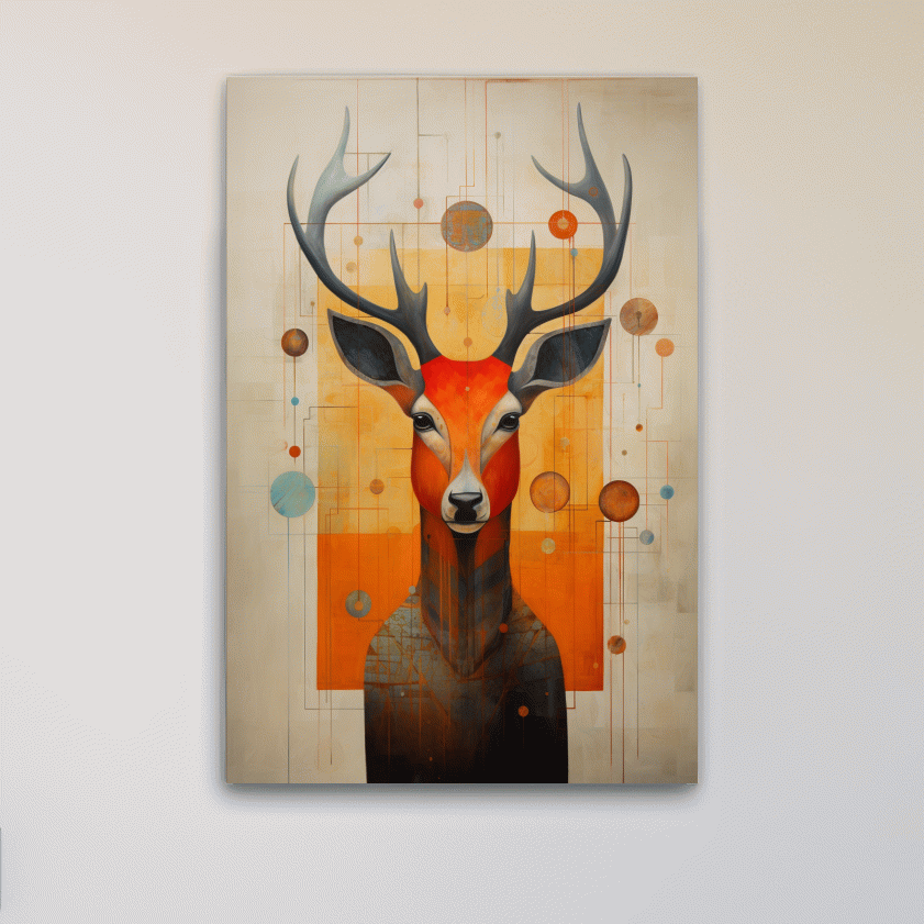 Rustic painting of a deers head with abstract shapes