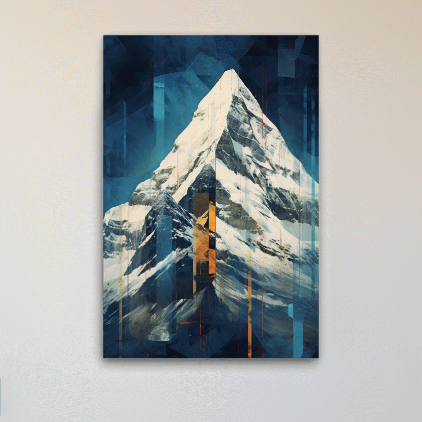 Glitch art style mountain art painting of a snowy glacier