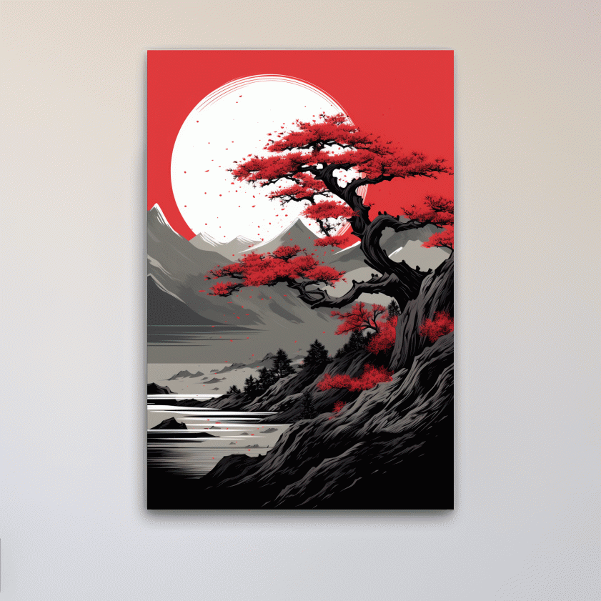Japanese minimal art, bonsai tree on a cliff