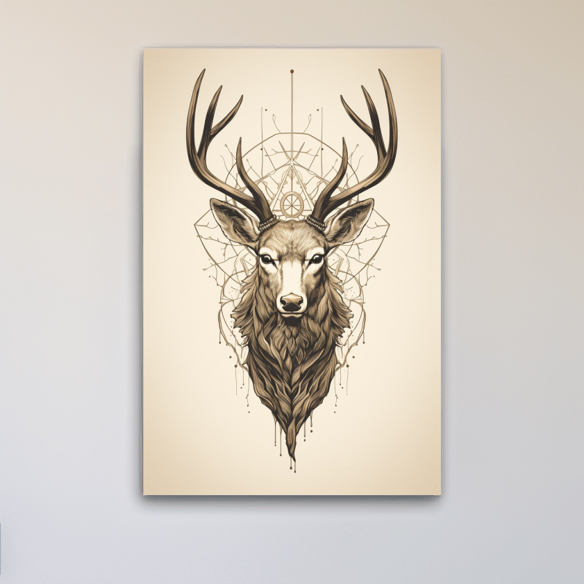 Tattoo style art of an ornamental deer head