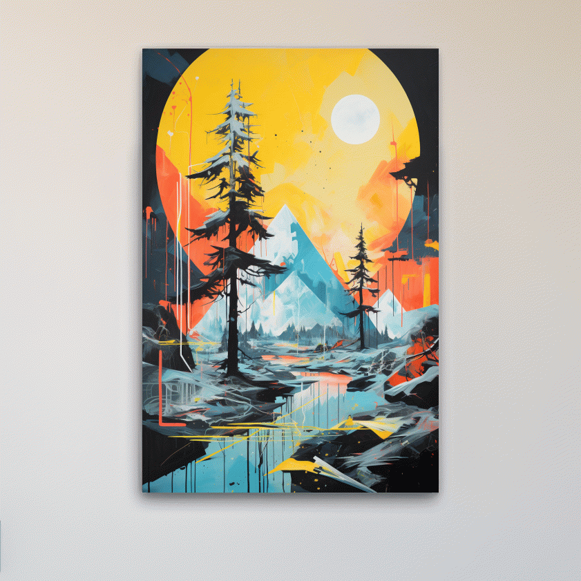 Abstract geometric painting of a glacier alpine landscape at sunset
