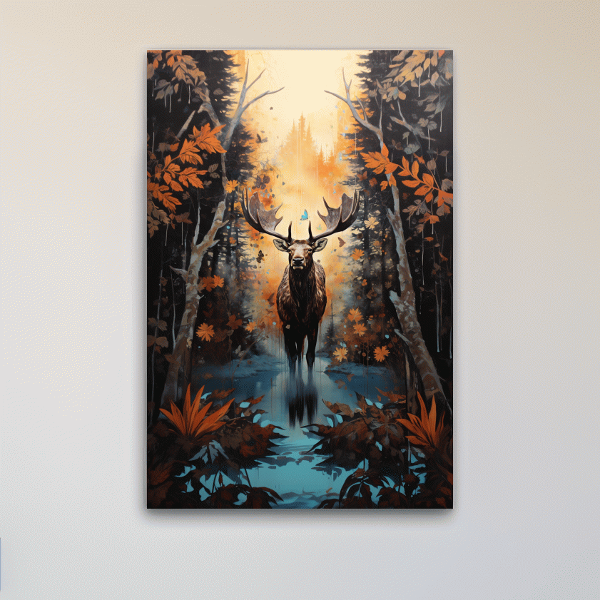 Painting of a moose in the woods in autumn