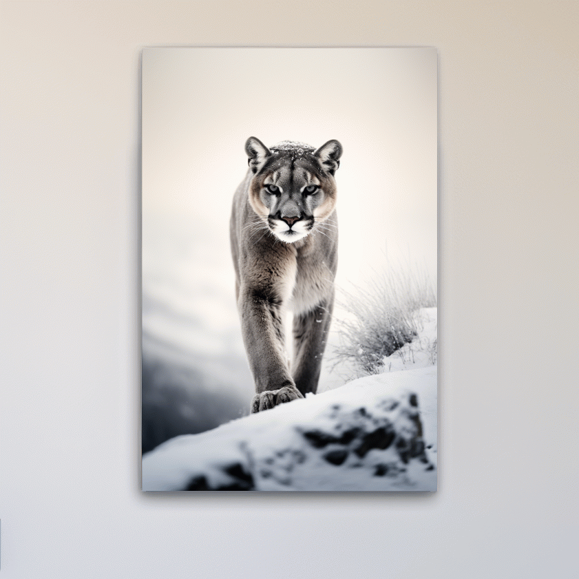 Photograph of a mountain lion walking in snow