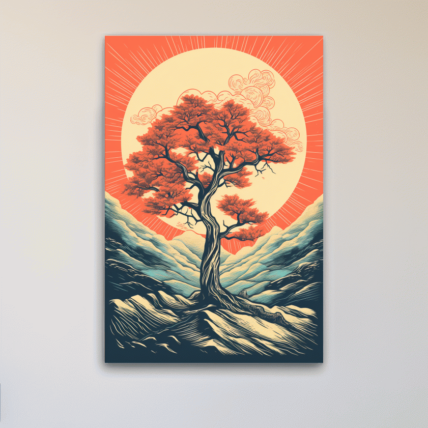 Dynamic vector illustration wall art poster of a tree at sunset
