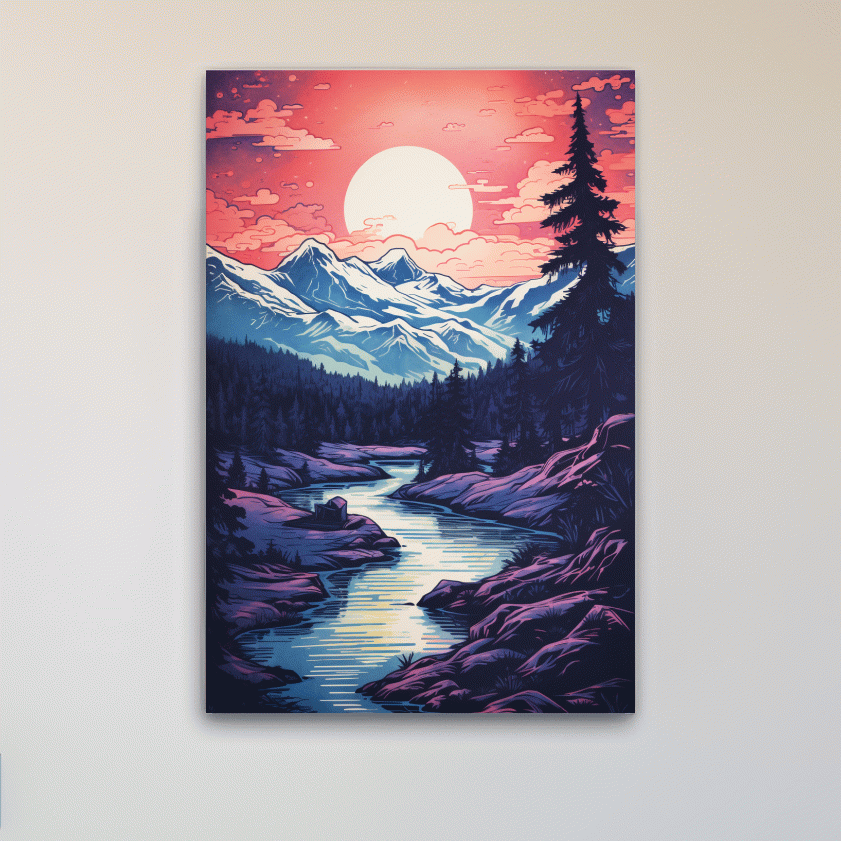 Surreal illustration of sunset over a glacier alpine scene