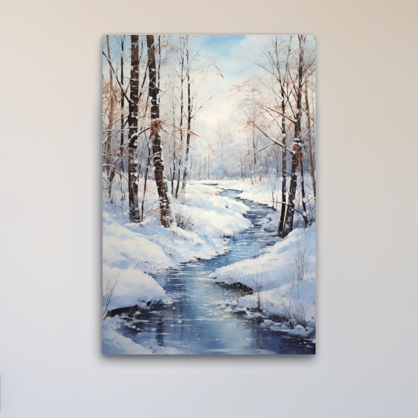 Oil painting of a stream running through a winter scene