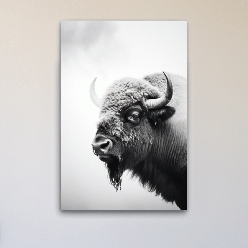 Photographic art, black and white photo of a bison in winter
