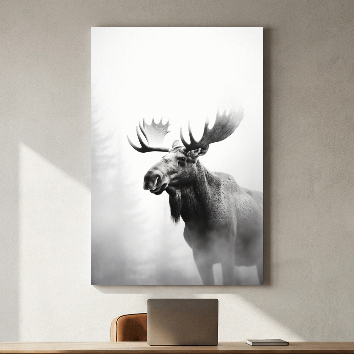 Moody Black And White Moose Portrait - Misty Wildlife Photography Artwork