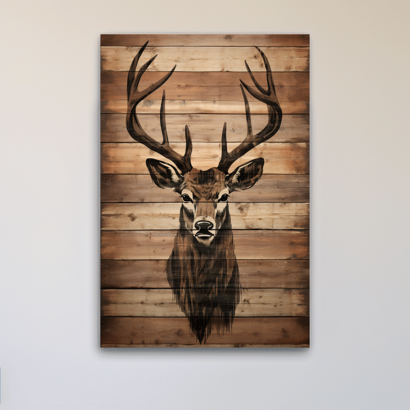 Wood burning art, deer head on wooden panels
