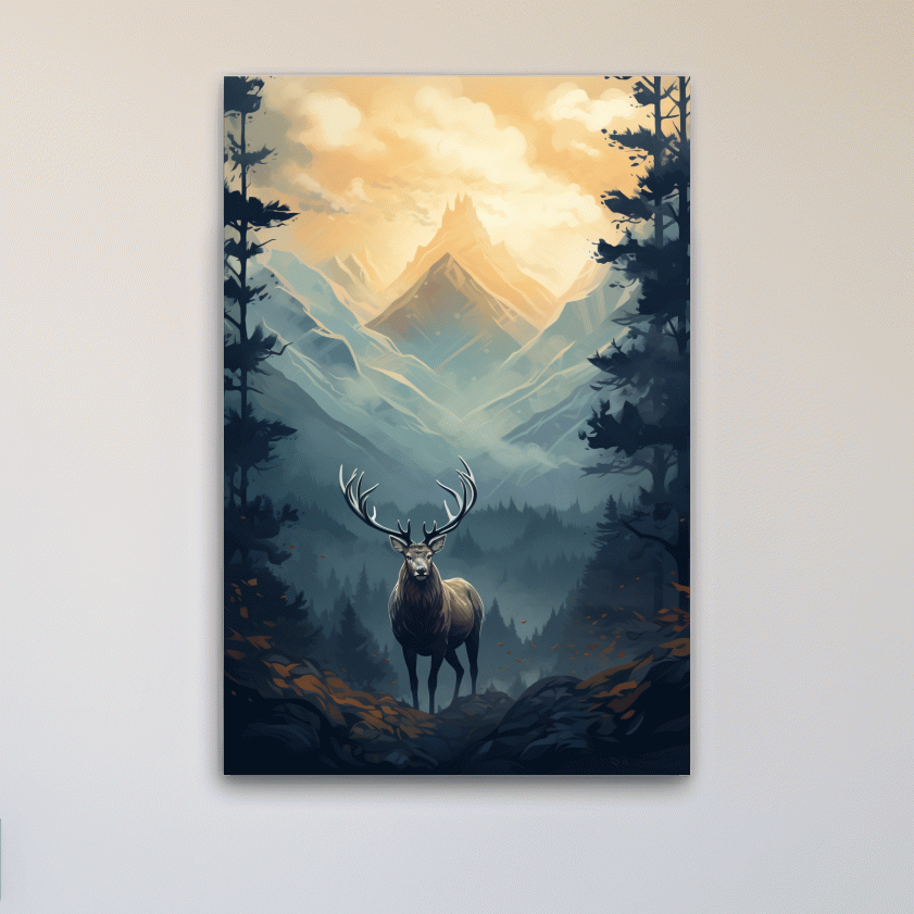 Serene illustration of a majestic deer in the forest at sunset