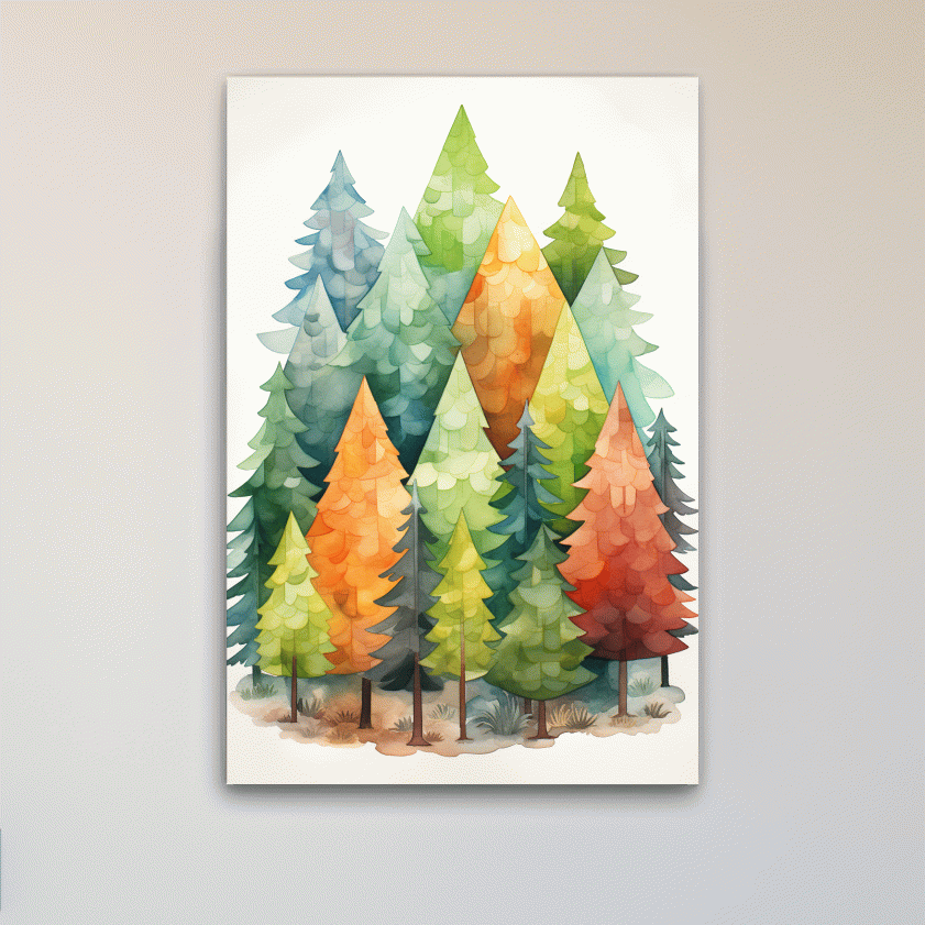 Whimsical Watercolor Pine Forest Illustration - Colorful Scandinavian Nature Wall Art