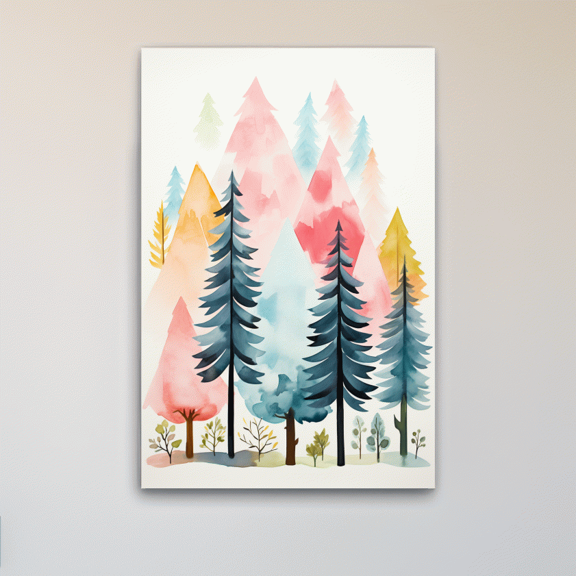 Watercolor style story book illustration art of a colorful forest