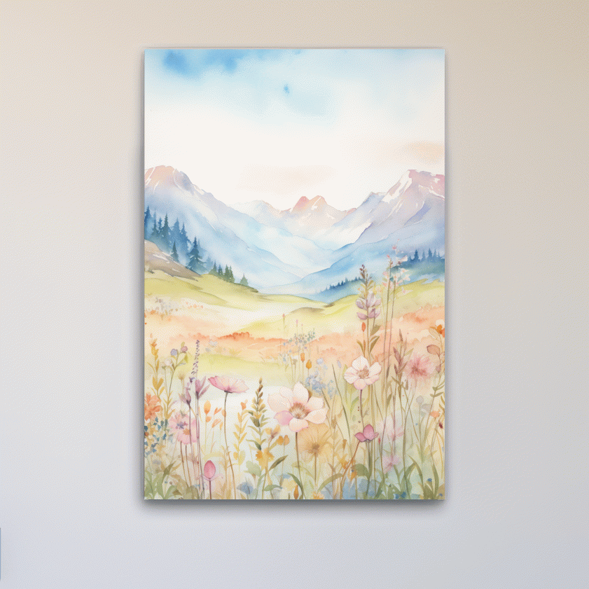 Watercolour painting of pastel flowers in the alpine meadows, floral artwork