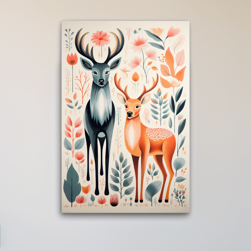 Flat colour vector print of deers and foliage, folk art style