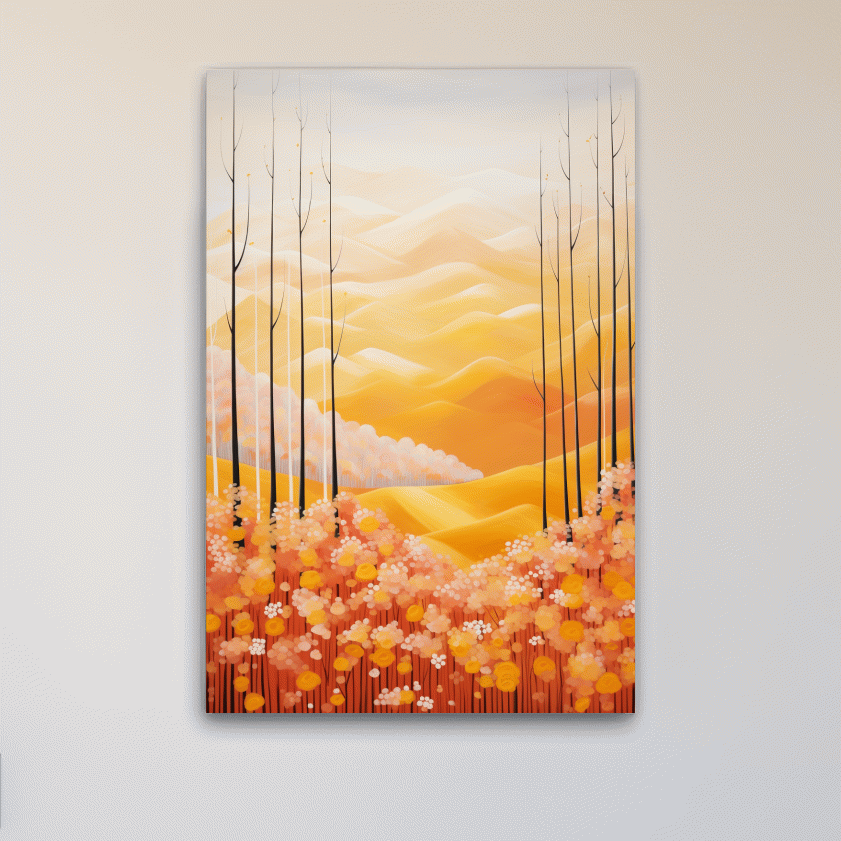 Storybook style illustration art of flowers, mountains and a forest in fall