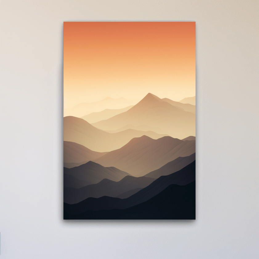 Subtle mountain sunset artwork, ridgelines fading into the sky