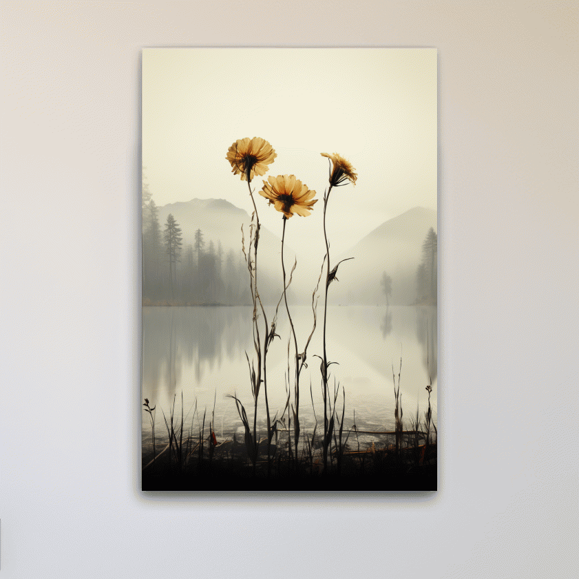 Wildflower Misty Lake Landscape - Minimalist Botanical Wall Art