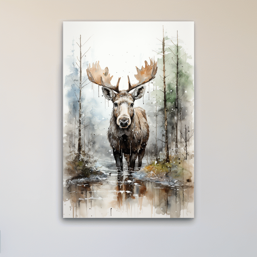 Watercolor painting of a moose in a forest lake