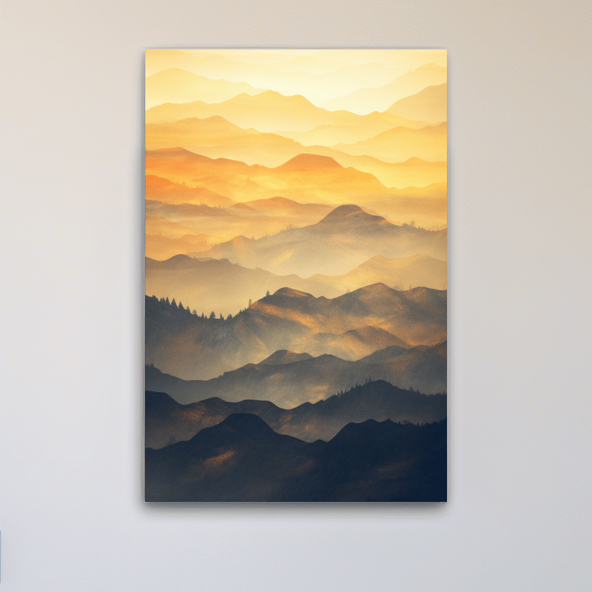 Mountain ridgelines at sunset, minimal watercolour patterns