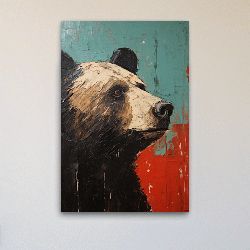 Rustic impasto style painting of a black bears head