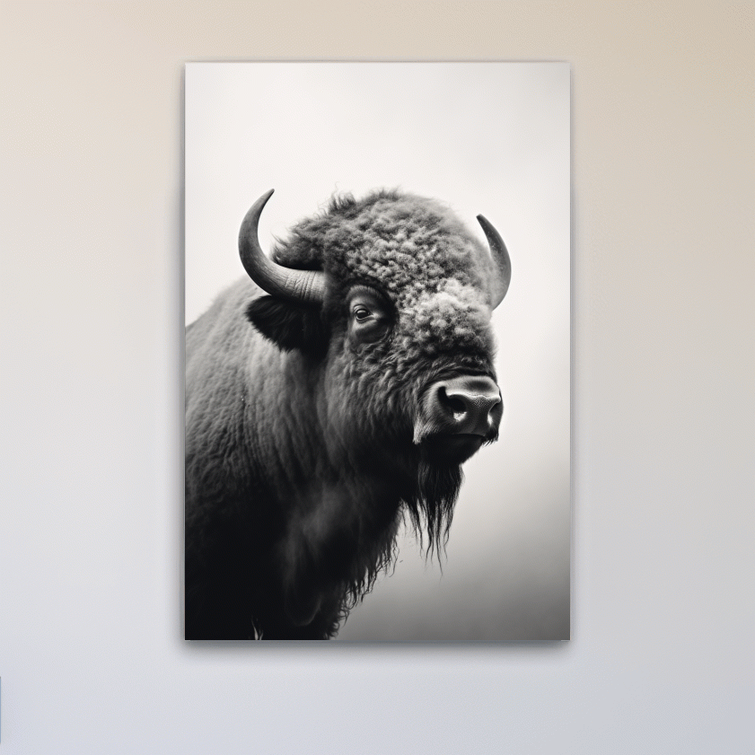Photographic art, black and white photo of a bison on a crisp winter morning