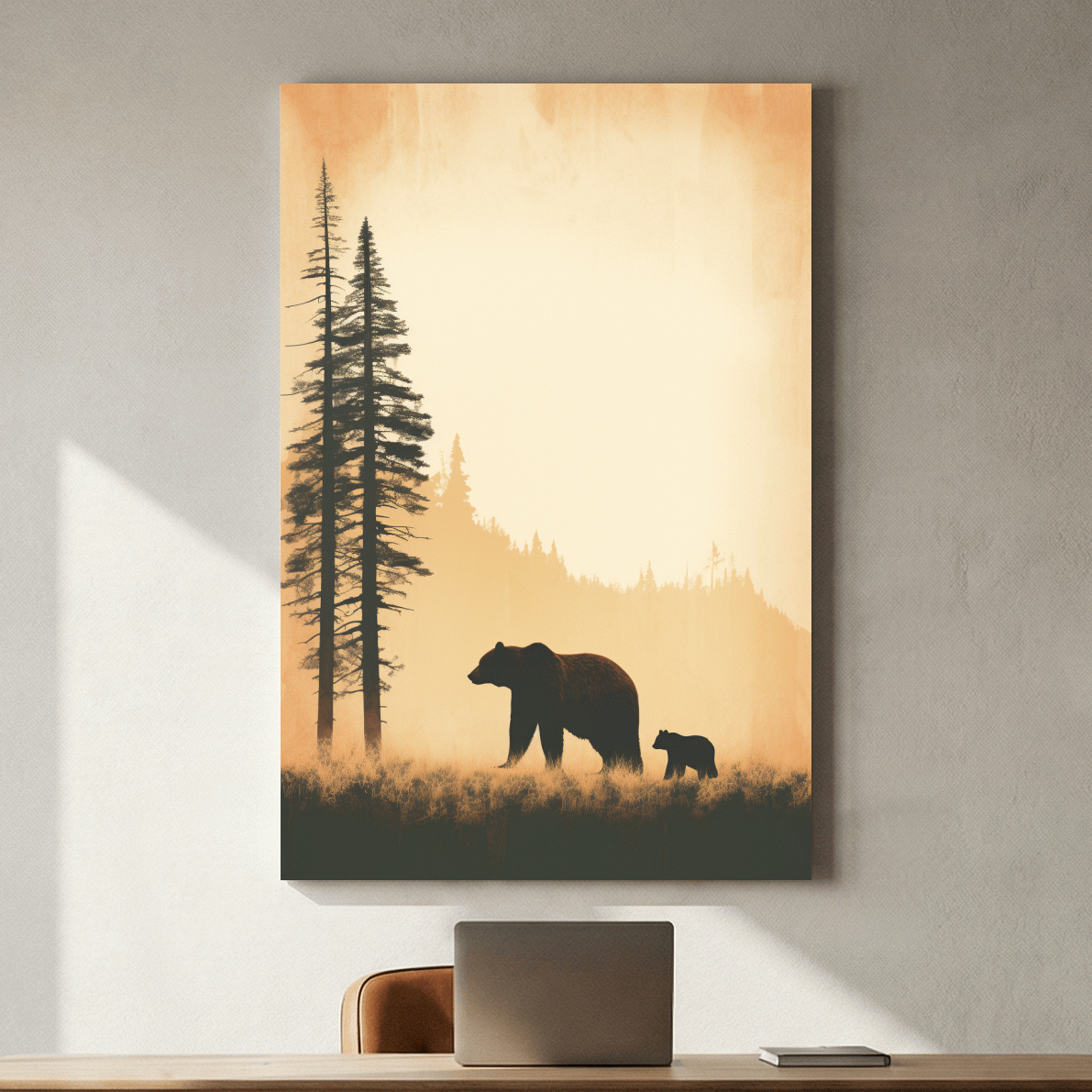 Grizzly Bear And Cub Silhouettes - Misty Forest Minimalist Wall Art