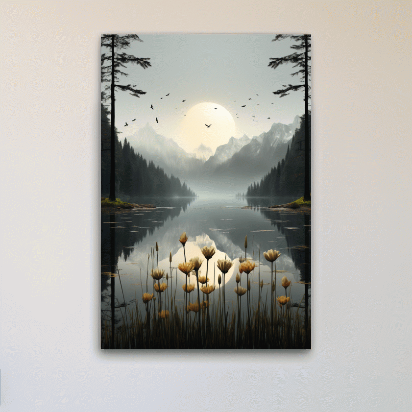 Flowers on the misty alpine lake shore, photographic illustration