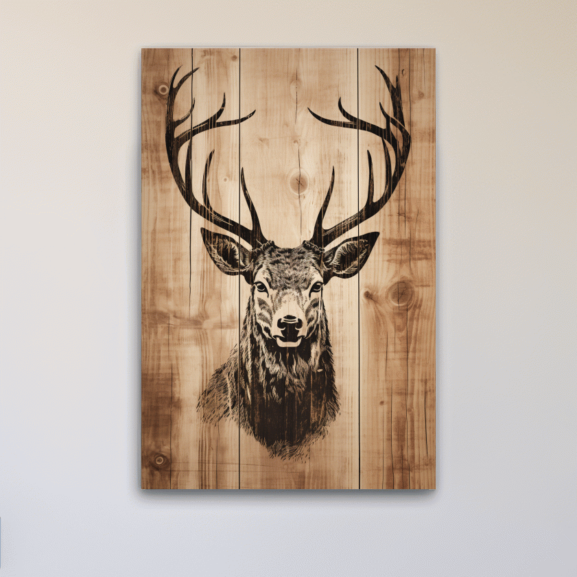 Rustic Deer Head Woodburn Style Portrait - Lodge Cabin Wildlife Wall Art
