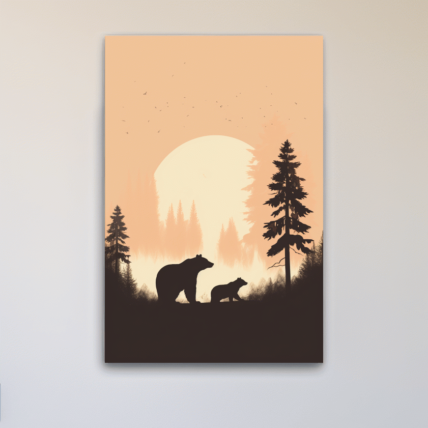Minimal silhouette art illustration of a mama bear and her cub