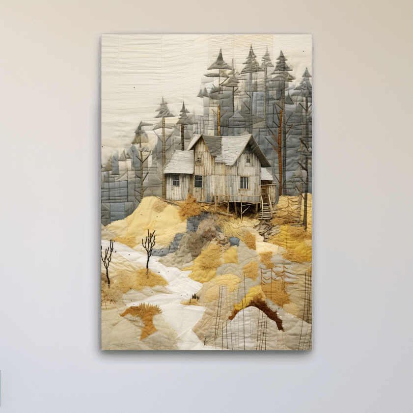 Cabin in the forest, fabric patchwork style art print