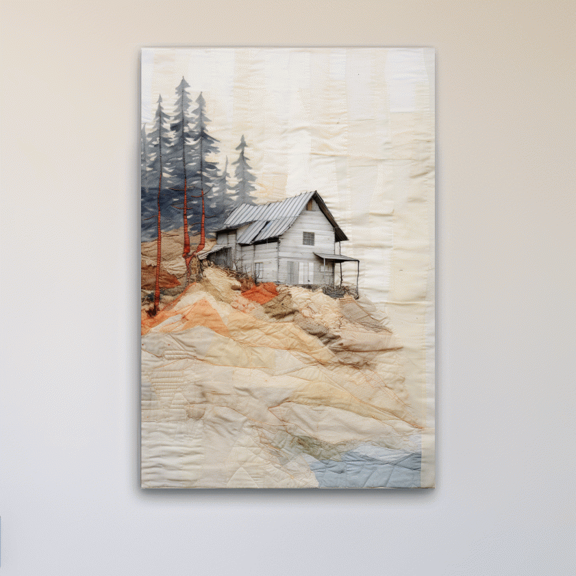 Rustic cabin artwork, fabric patchwork style