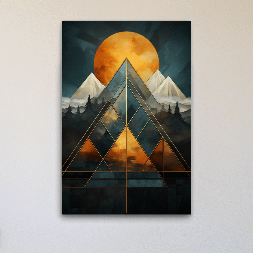 Leadlight style mountain artwork, sunset over glaciers and forest