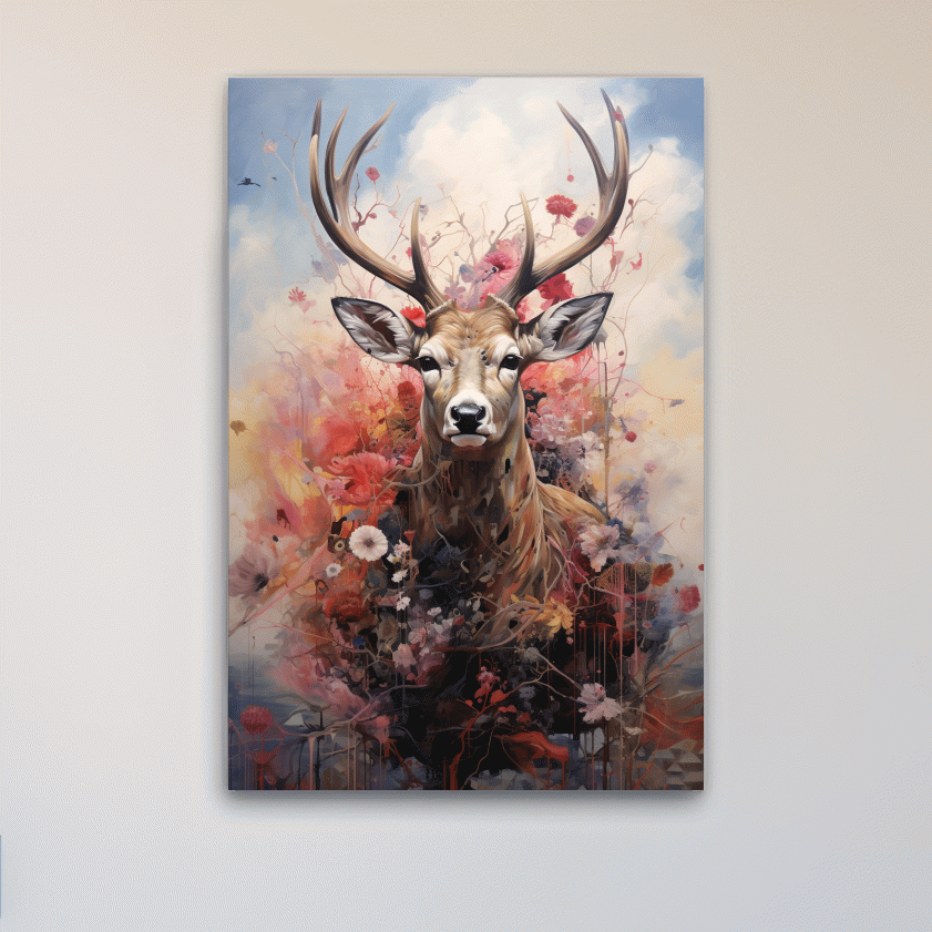 Painting of a deer head wrapped in flowers