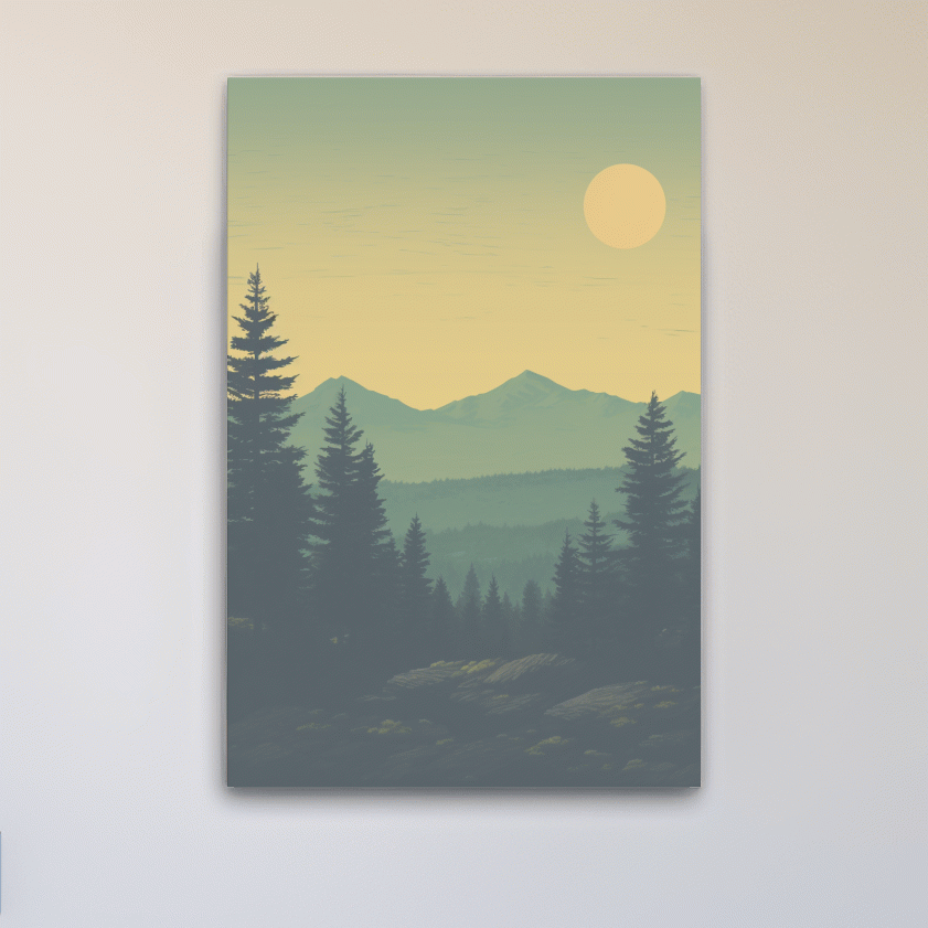 Minimalist Hazy Mountain Sunrise Landscape - Serene Alpine Forest Wall Art
