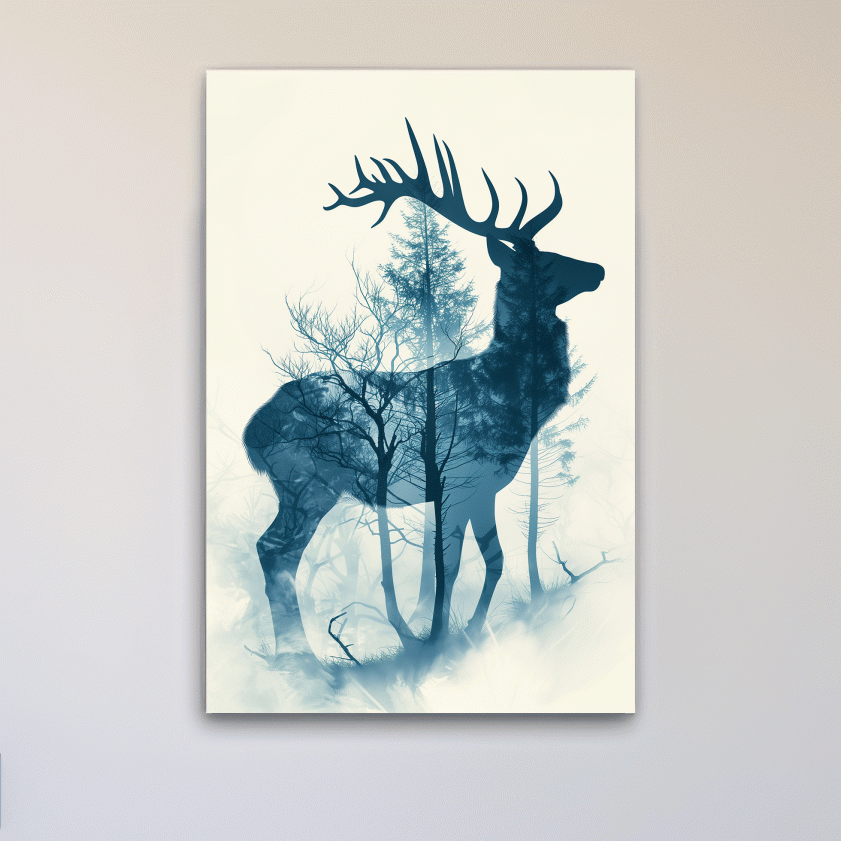 Deer and forest silhouette artwork, ethereal double exposure wall art
