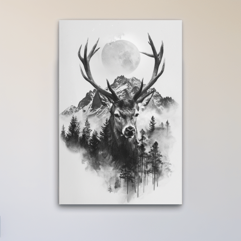 Double exposure style drawing artwork of a deer, forest, glacier and moon