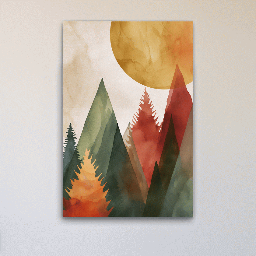 Trees and mountains under the sun, rustic boho watercolour print