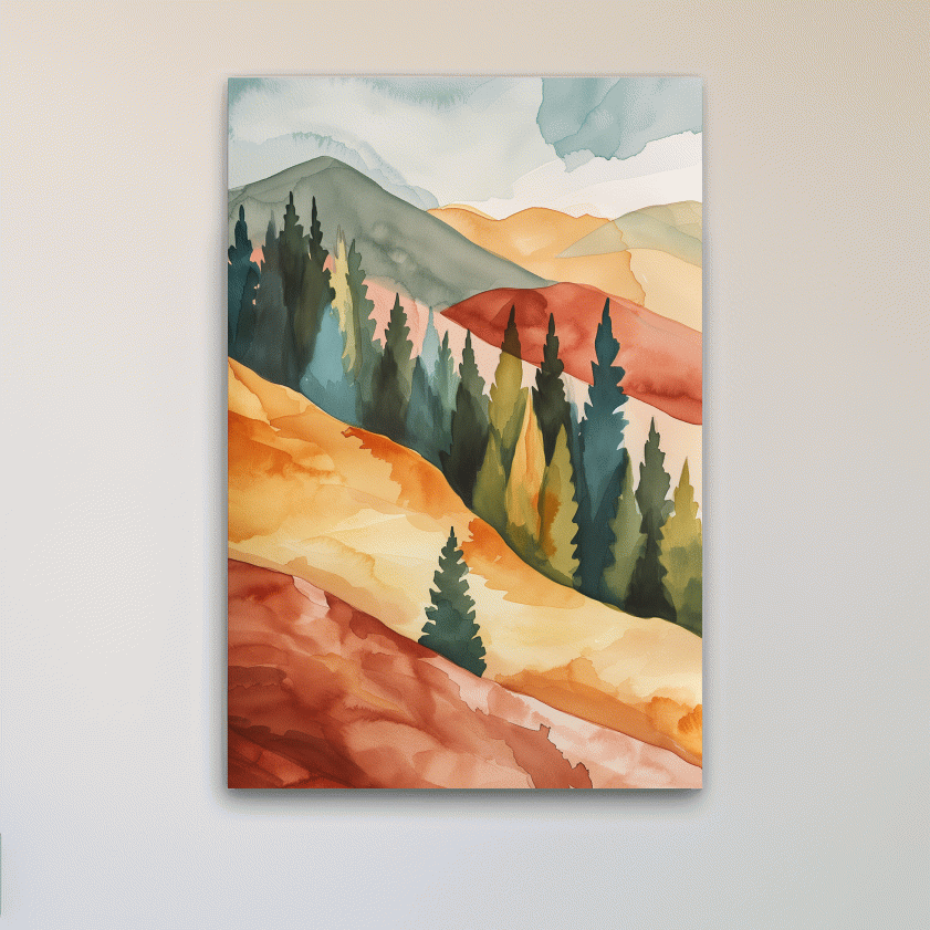 Mountains and forest landscape rustic watercolour painting artwork