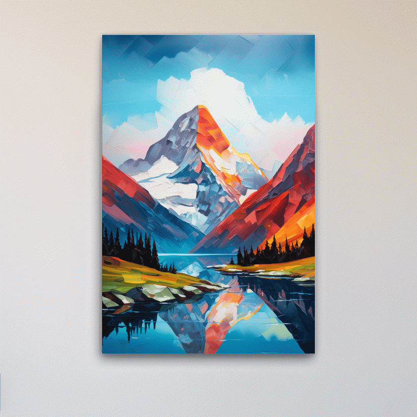 Alpine lake under a glacier, vibrant palette knife style impasto painting