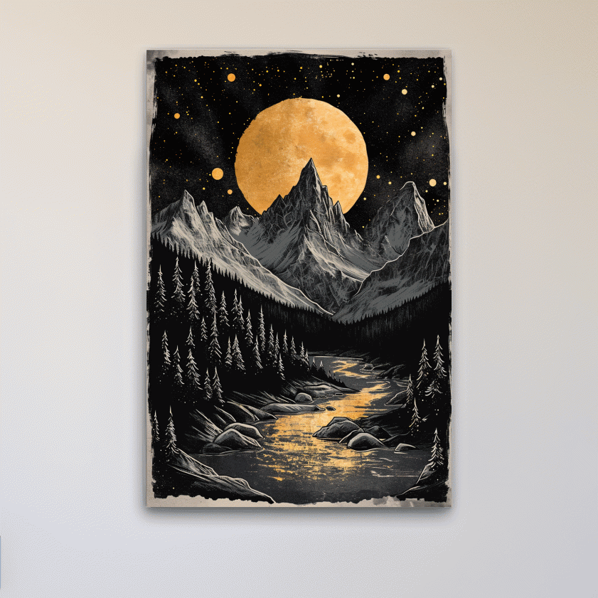 Moonlit alpine scene, dramatic glacier and moon artwork