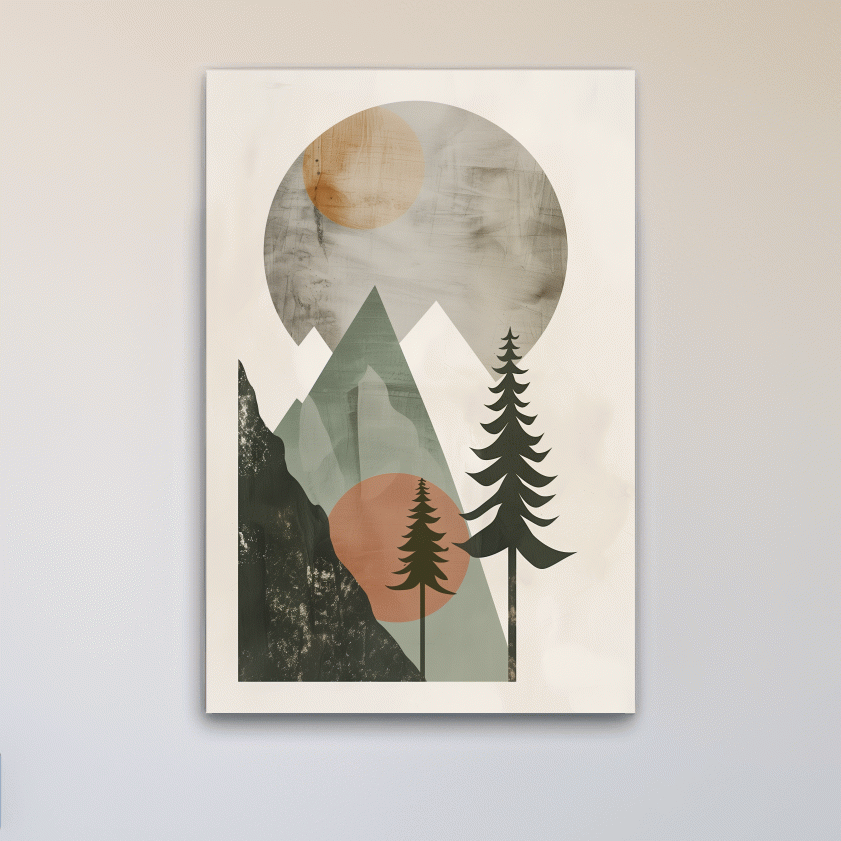 Scandinavian style artwork, mountains and trees under the sun