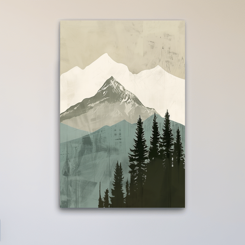 Scandinavian Mountain Peak And Pine Forest Artwork - Minimalist Landscape Wall Art
