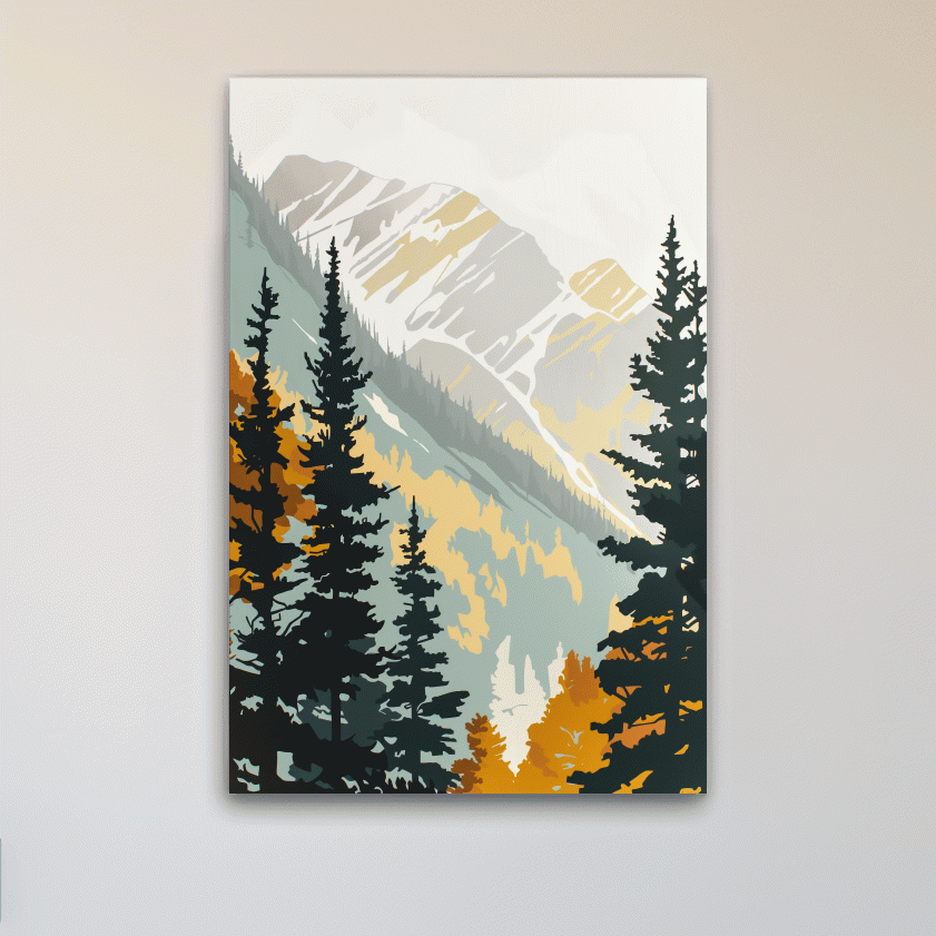 Scandinavian style minimal artwork, mountains through the forest