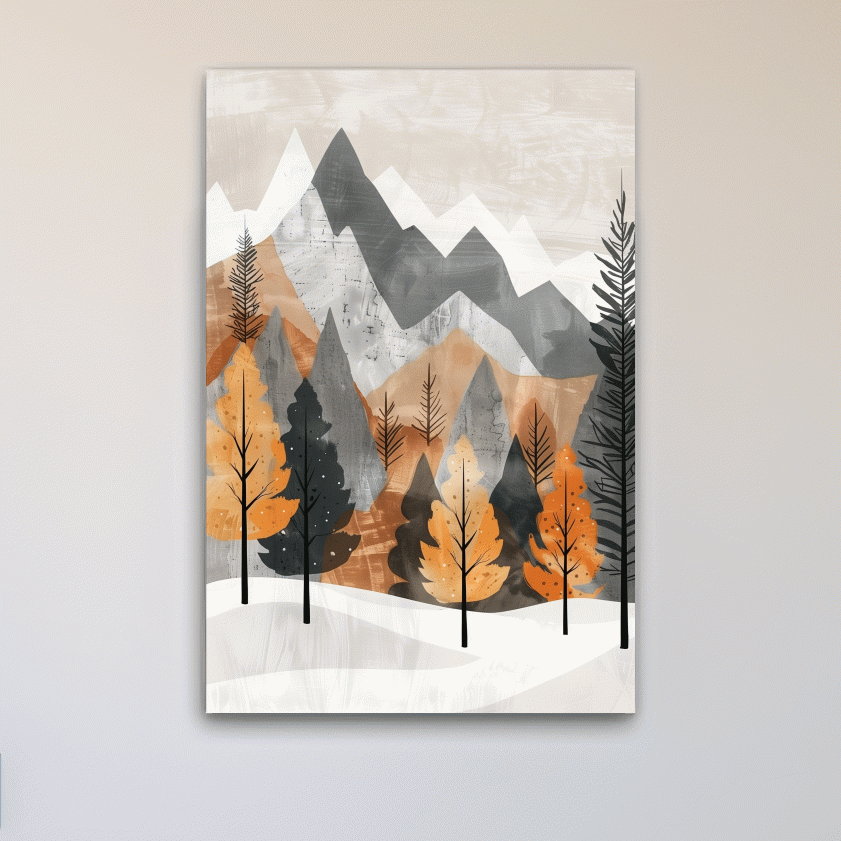 Scandinavian style forest artwork, alpine mountains in fall