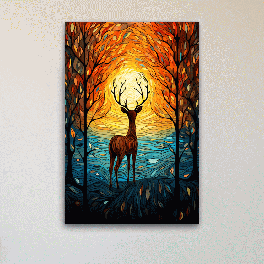 Glowing Autumn Forest Deer Silhouette - Vibrant Stained Glass Style Wall Art