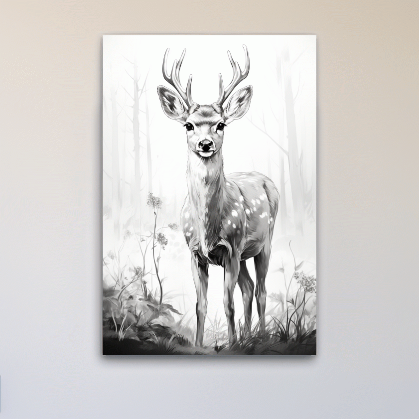 Black and white drawing artwork of a fallow deer