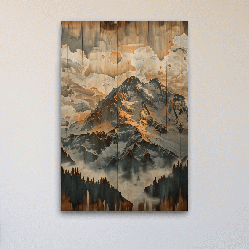 Rustic Glacier Mountain Range Artwork - Vintage Wood Grain Alpine Wall Art