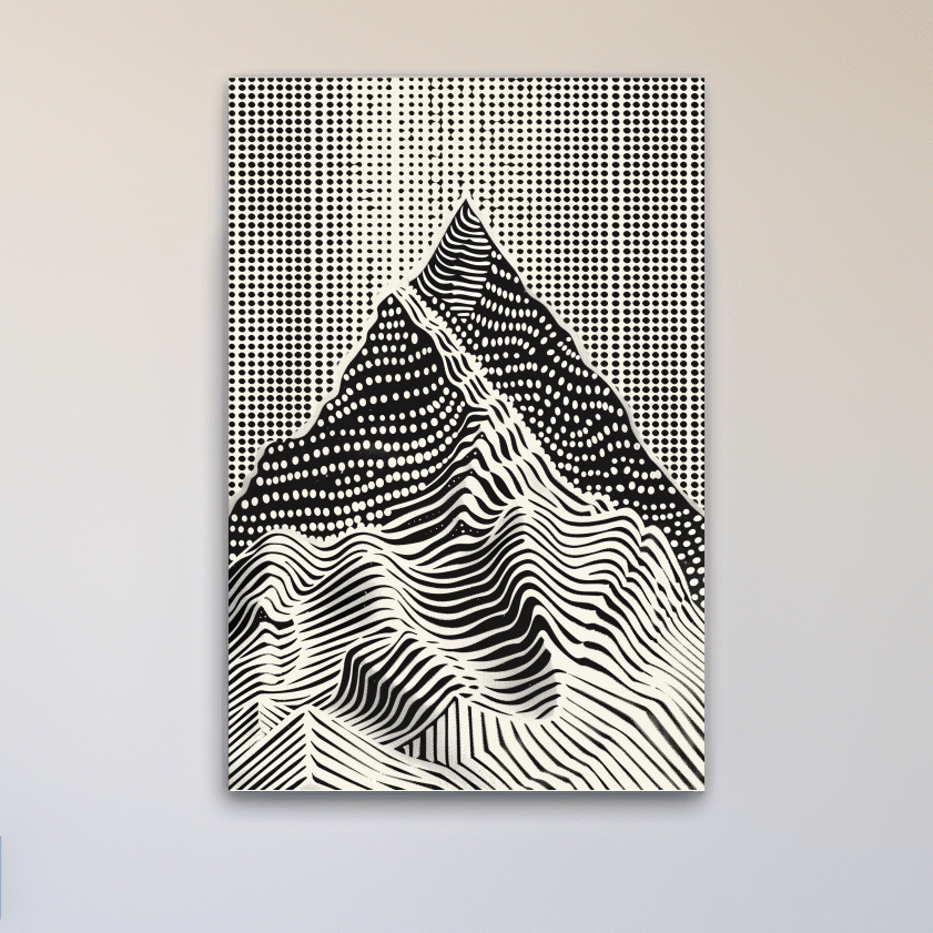 Mountain artwork, linocut style optical illusion art